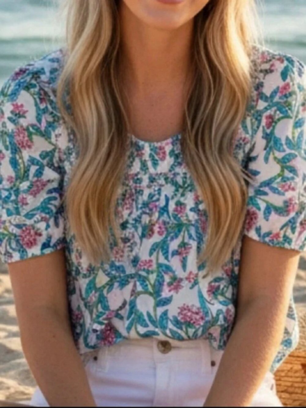J. CREW Puff Sleeve White Smocked Floral Blouse with Teal & Pink Print XL